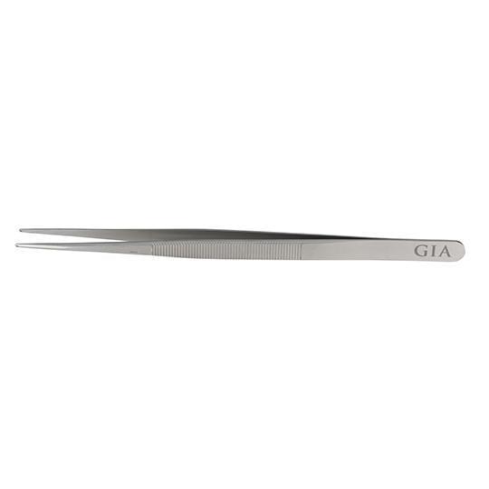 GIA tweezers with .6 mm hole, with GIA logo at base, rounded tips, and serrated handles