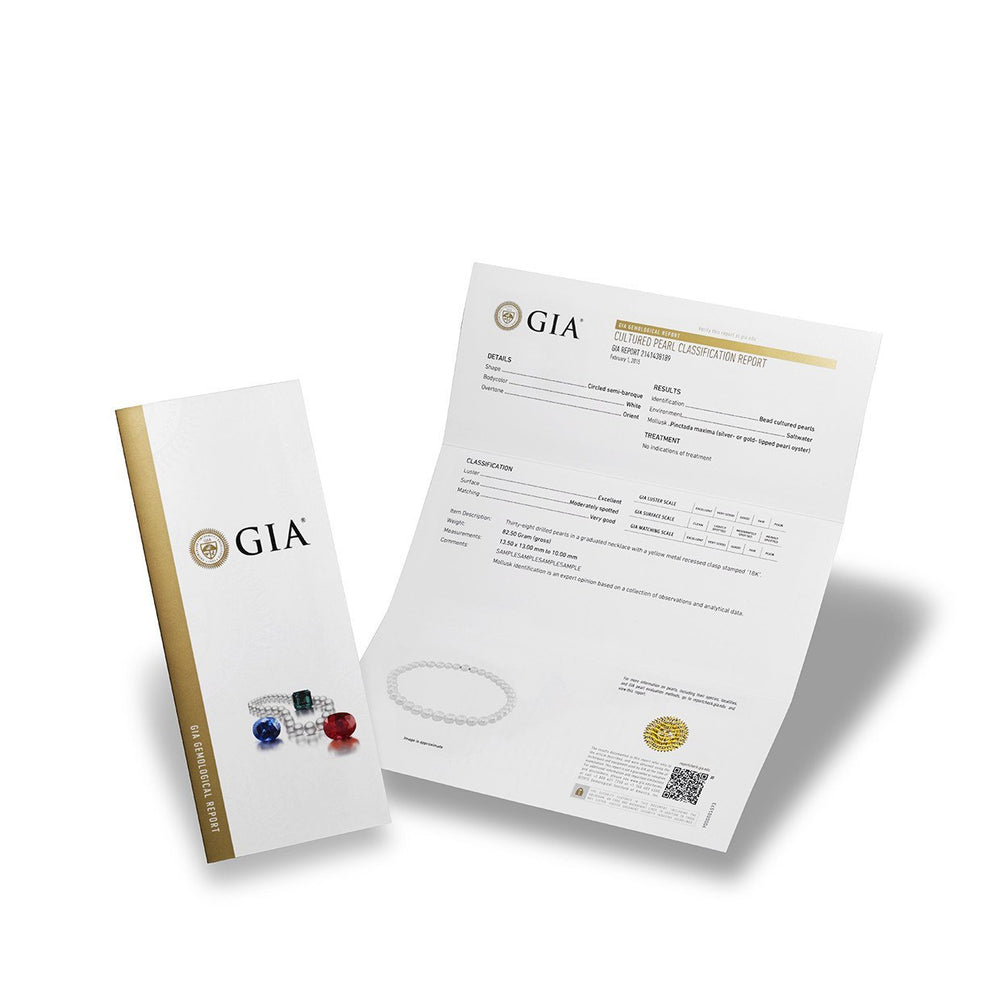 GIA Gemological Report brochure cover, next to full page pearl report