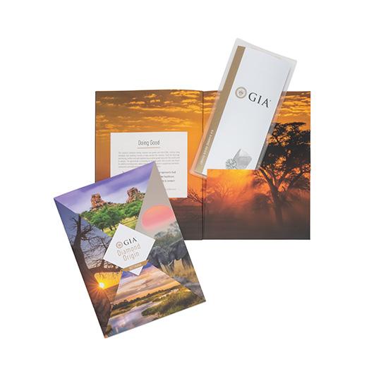 Diamond Origin Folder front side up next to DO folder opened to show interior image of African plains at sunset
