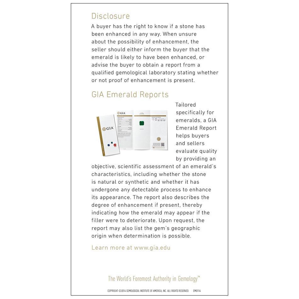 Emerald brochure panel featuring text with headings "Disclosure" and "GIA Emerald Reports"