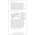Emerald brochure panel featuring text with headings "Disclosure" and "GIA Emerald Reports"