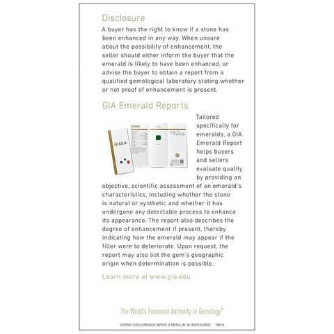 Emerald brochure panel with sections "Disclosure" and "GIA Emerald Reports"