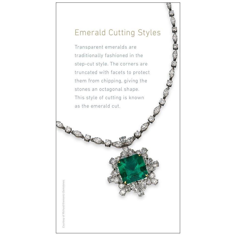Emerald brochure panel, featuring text with heading "Emerald Cutting Styles" and emerald necklace