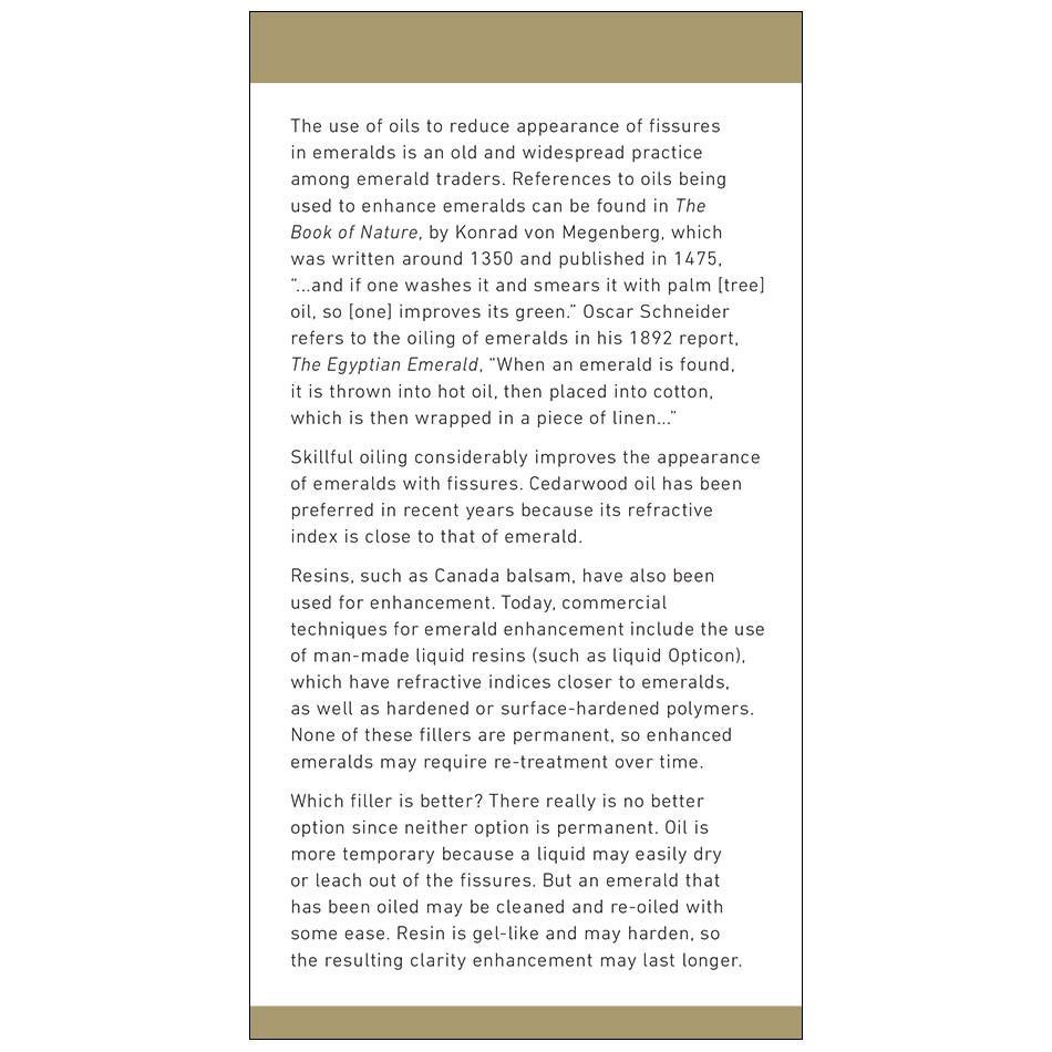 Emerald brochure panel with text about emerald fillers