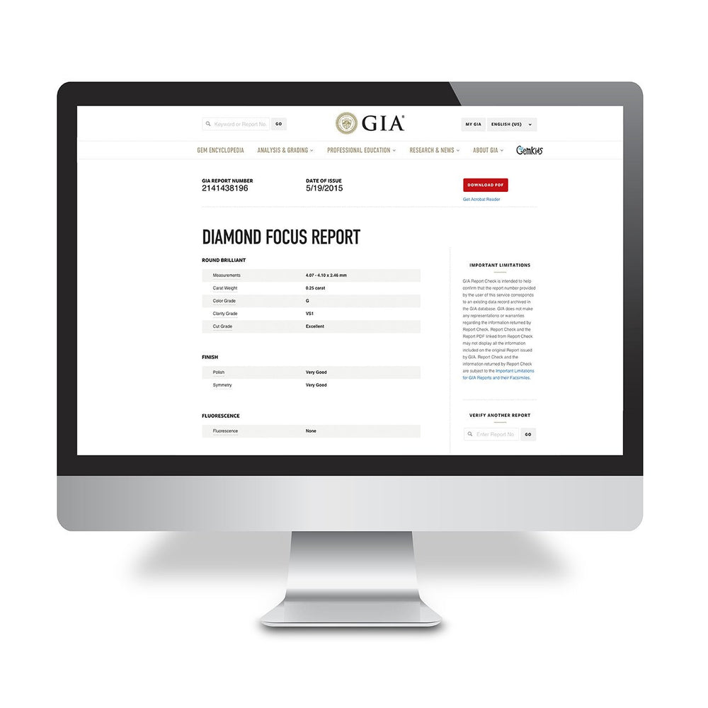 Mac desktop open to Diamond Focus Report  on GIA site, showing results of Diamond Focus Report