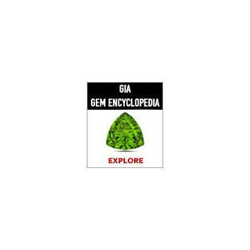 Large square GIA Gem Encyclopedia web button with black background behind heading and lime green gem