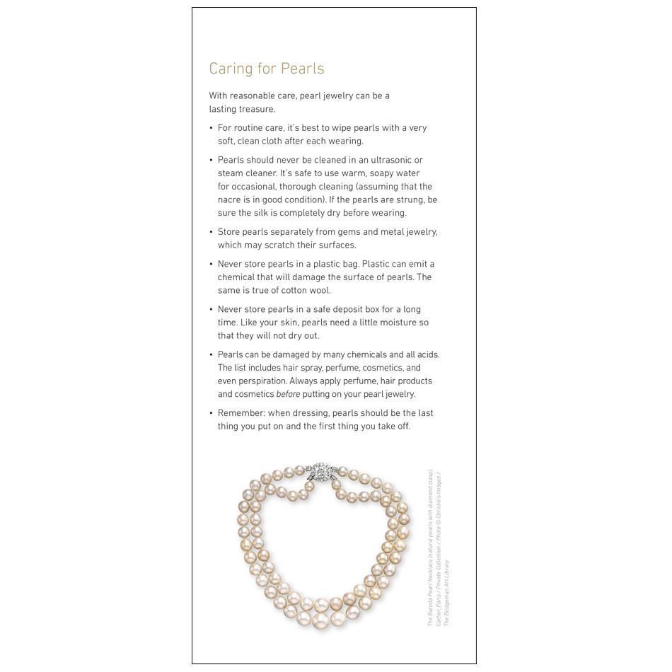7 Pearl Value Factors panel, featuring heading"Caring for Pearls", bullet points, and pearl necklace