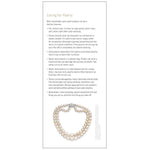 7 Pearl Value Factors panel, featuring heading"Caring for Pearls", bullet points, and pearl necklace