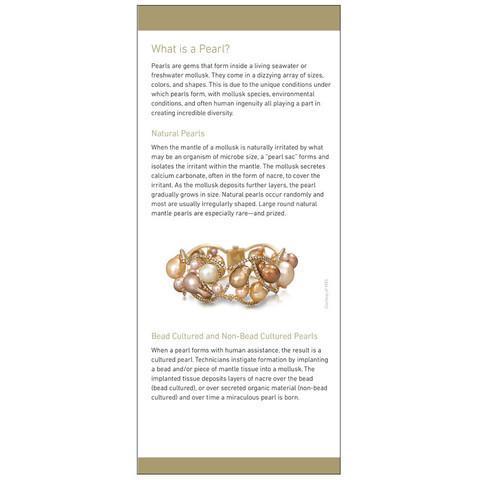 Brochure panel "What Is a Pearl?" with image of intricate colored pearl braclet